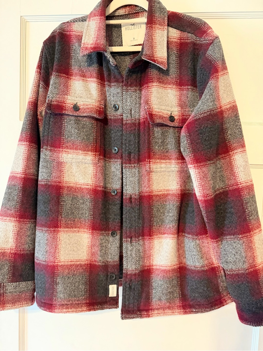 Hollister Red, Gray & Cream Plaid Button-Up Shacket